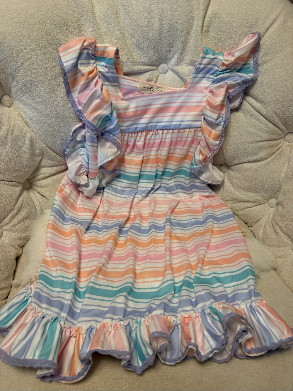 Girls Pastel Stripe Ruffle Dress - Multicolor